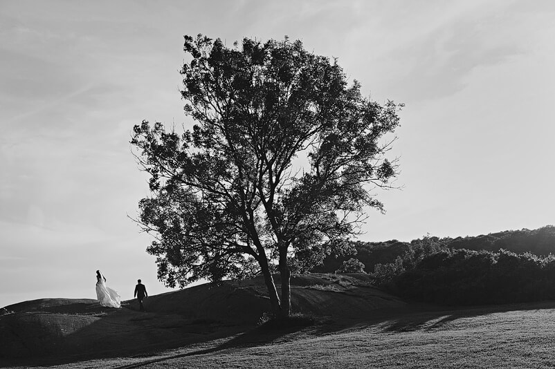 Vacker svartvit landskapsbild med brudparet på klipporna vid Tjolöholms slott.